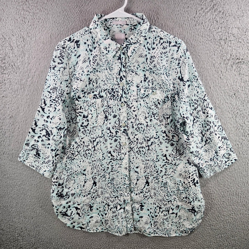 Chicos Noโ Iron Linen Shirt Womens 2 L 12 Mint Green Abstract Animal Print Top